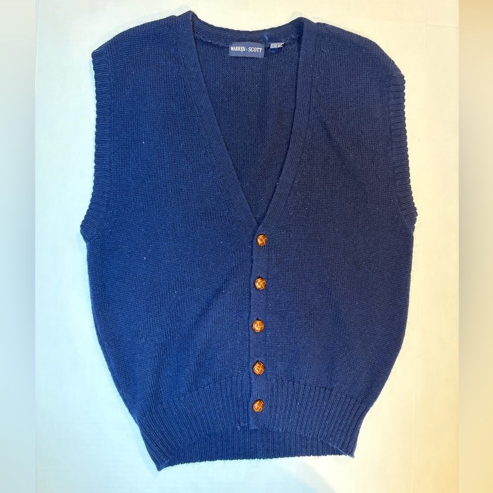 Warren Scott vintage men’s grandpa navy blue v-neck button wool blend vest M